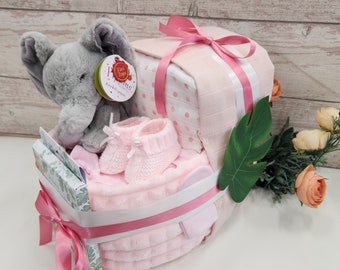 New Deluxe Baby girl elephant pram nappy cake, with baby milestone cards, baby shower gift, unisex baby gift, mum to be gift, new parents