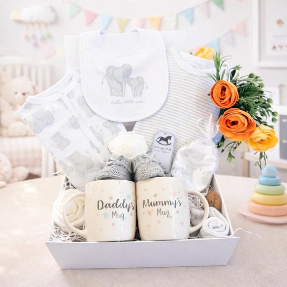 Luxury New Baby hamper, Unisex Baby gift, Baby Girl Gift, Baby Boy gift with Parents mugs, Deluxe Magnetic Gift Box, Baby Shower Gift