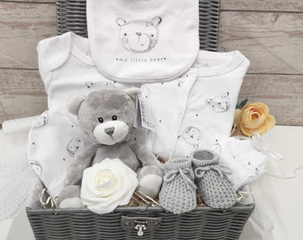 NEW Baby Hamper,10 piece Baby Bear gift in a nursery storage basket,30 milestone cards, baby shower gift, baby boy gift, baby girl gift