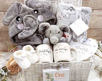 New ''Baby Elephant'' Theme Baby Hamper,  Baby Shower Basket,mugs for parents,  personalised baby gown, New Parents Hamper, Unisex baby gift