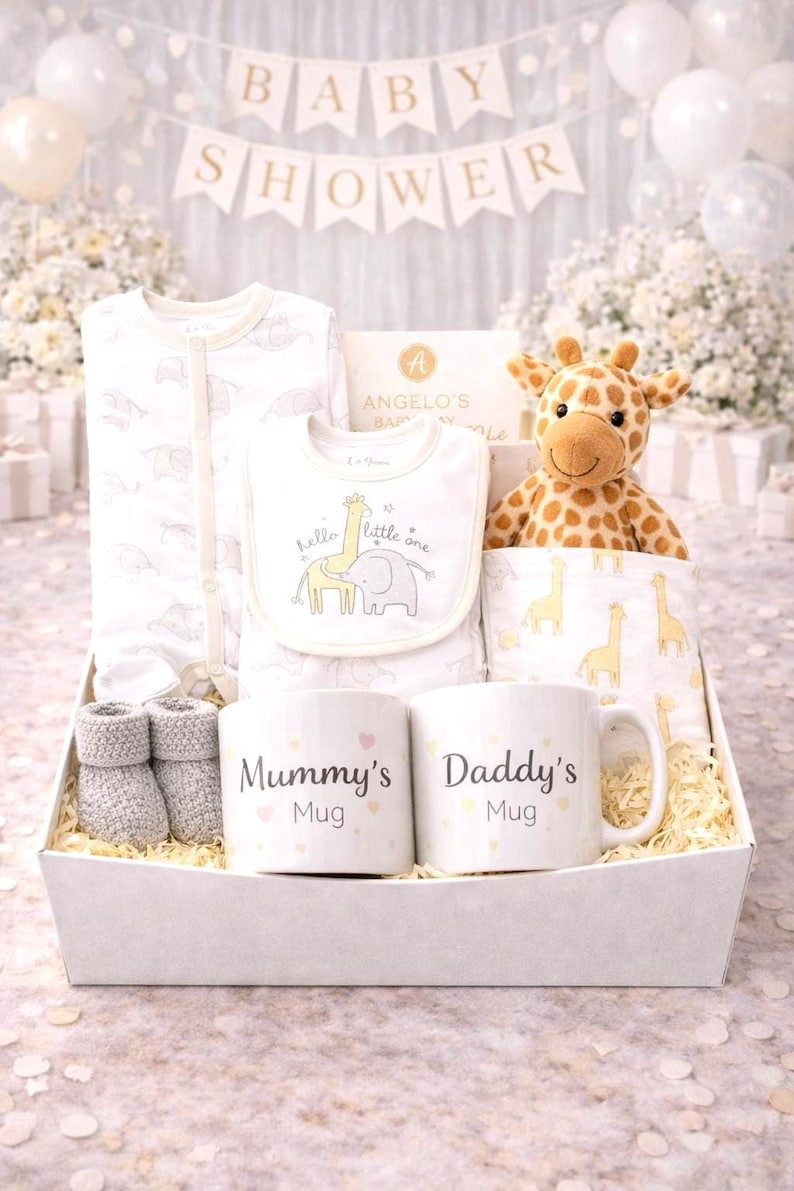 May include: A baby gift hamper containing baby clothes, a bib, a giraffe soft toy, a blanket, two mugs reading "Mummy's Mug" and "Daddy's Mug", and baby booties. The items are in white and cream colours.