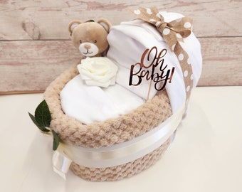 New Deluxe Unisex baby bear pram nappy cake, baby shower gift, unisex baby gift, mum to be gift, new parents gift