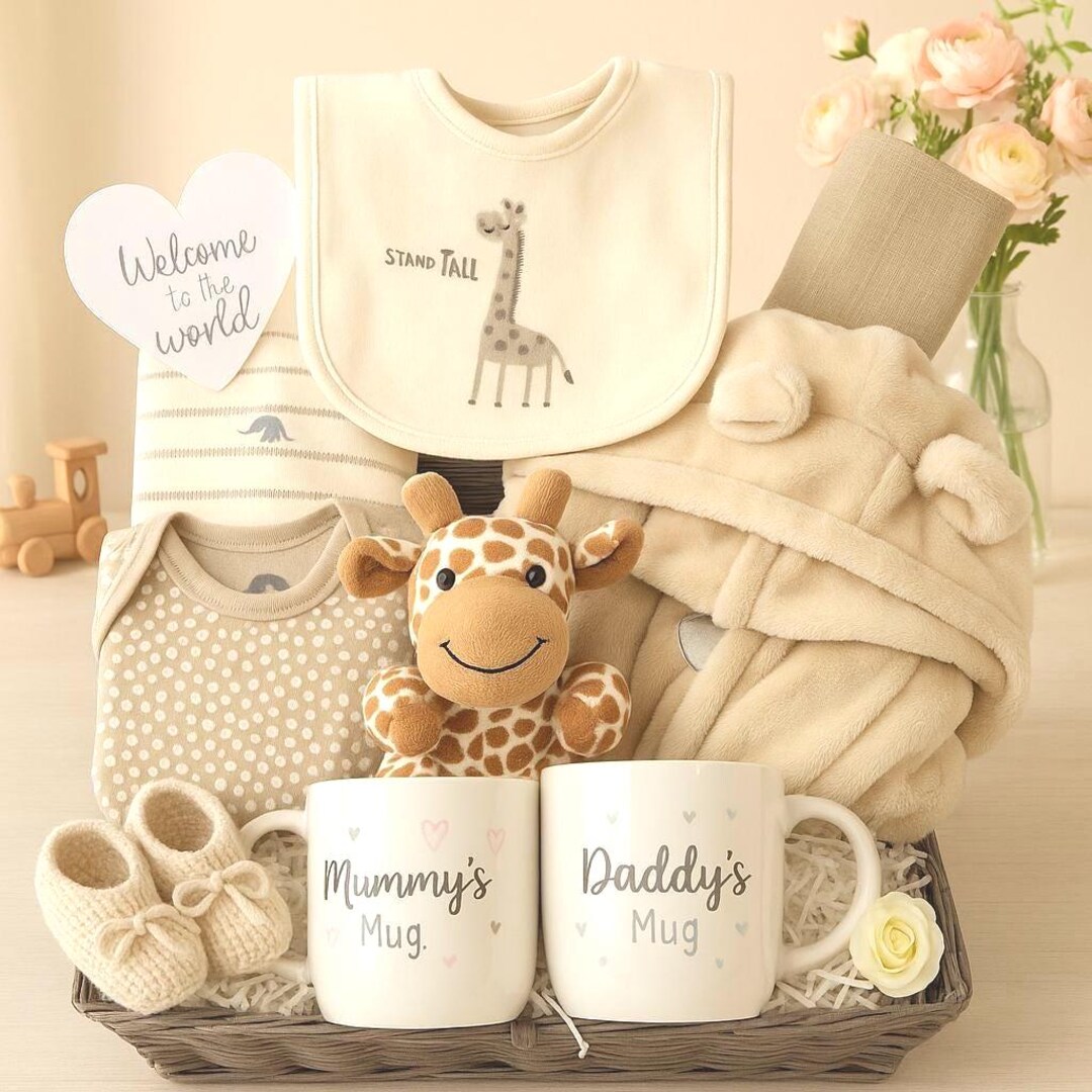 Luxury Neutral Baby Gift Basket | Newborn Baby Hamper With Giraffe Toy ...