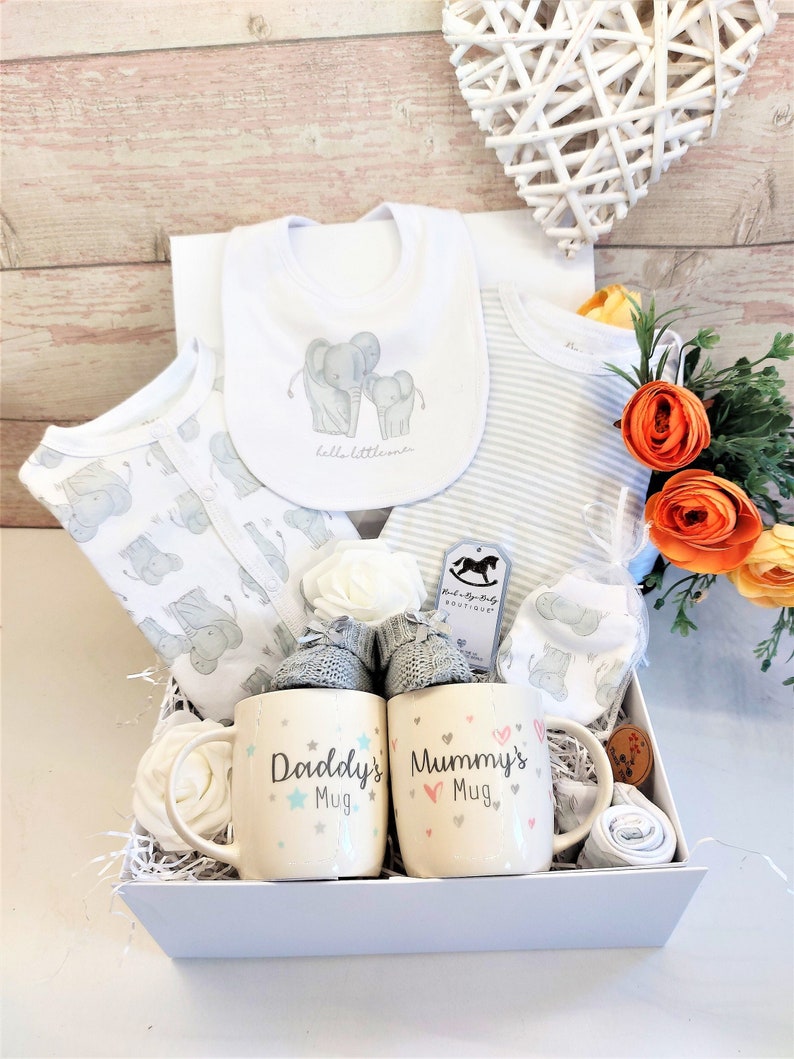 Luxury New Baby hamper, Unisex Baby gift, Baby Girl Gift, Baby Boy gift with Parents mugs, Deluxe Magnetic Gift Box, Baby Shower Gift Unisex Elephant