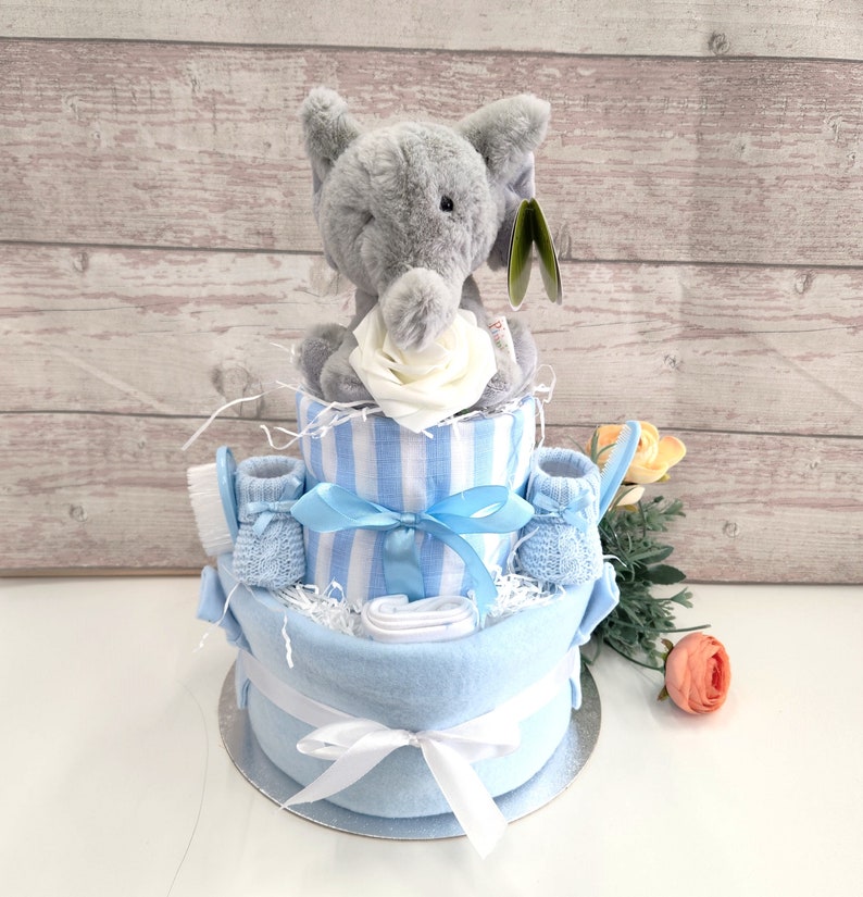 Nappy Cakes, Nappy Cake, Elephant theme, Unisex Baby hamper, Baby boy gift, Baby girl gift, Mum to be gift, Neutral baby shower gift, Blue