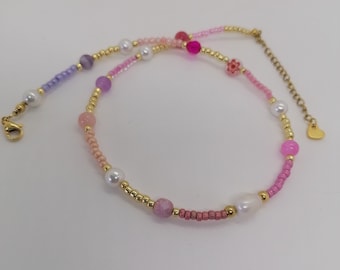 Bunte Perlenkette | Halskette | Choker | Jadeperlen Süßwasserperle | Kette Rosa Pink| Zarte filigrane Kette | Geschenk Mutter Tochter