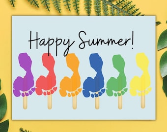May include: A card with the text "Happy Summer!" and a rainbow of six handprints on popsicle sticks.