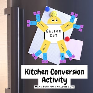 May include: A kitchen conversion activity for kids. A yellow paper cutout of a person with the words "Gallon Guy" in the center. The person's arms and legs are made of yellow paper strips with the words "quart" and "pint" written on them. The person is surrounded by smaller paper squares with the words "cup" and "pint" written on them.