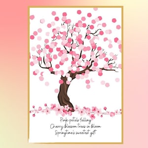 May include: A pink cherry blossom tree with falling petals. The text below the tree reads: "Pink petals falling, Cherry blossom trees in bloom, Springtime's sweetest gift."
