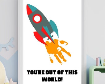Rocket Spaceship Handprint Printable | You&#39;re Out of This World Handprint Footprint Art | Footprint Craft | Crafts for Kids | Baby Craft