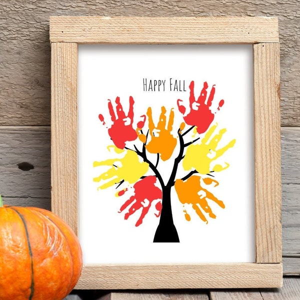 Happy Fall Handprint Art Printable | Fall Tree and Leaves Kids Handprint Craft | Fun Art Painting Activity for Toddlers Babies Preschool