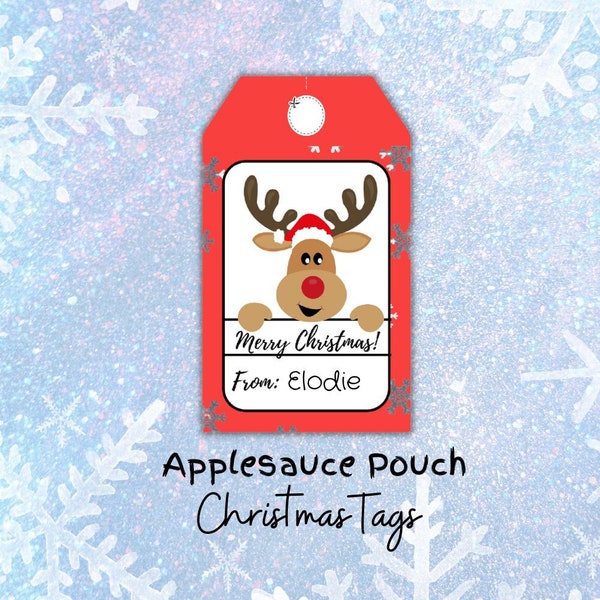 Applesauce Pouch Christmas Tags | Printable Reindeer Gift Tag for Christmas | Christmas Tag | Merry Christmas Rudolph Reindeer | Holiday Tag