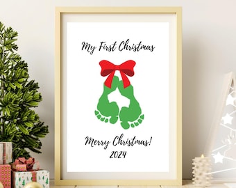 My First Christmas Footprint Art Printable | Mistletoes Christmas Crafts for Kids | Christmas Handprint Art Printable for Babies