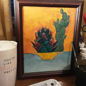 Abstractus in a yellow bowl. cactus. succulent. oddity and curiosity. Home Décor. painting. western. Framed