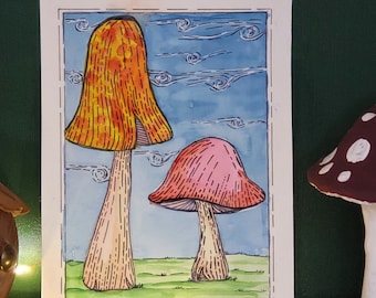 Mushrooms Print, Forest core, cabin core water color painting. Décor