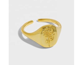 Sterling Silver 925 Rose Engraved Signet Adjustable Ring