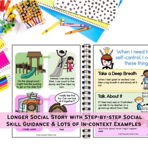 Pu&ograve; includere: Una storia sociale colorata per bambini con illustrazioni di un parco giochi, un negozio di giocattoli e un cappello da pensare. La storia insegna ai bambini come gestire le loro emozioni e usare l'autocontrollo. Il testo include frasi come "Fai un respiro profondo" e "Parlane".