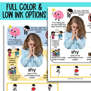 May include: Two colorful charts with illustrations and text describing the feeling of shyness. The charts include a pink brain with a smiling face, a girl with her hands covering her face, and stick figures illustrating different social situations. The text on the charts reads: "My eyes might look down and away from people", "If I'm feeling shy, my face might look down and turn pink", "maybe I'm meeting someone new", "maybe I'm in a big group of people", "shy when I'm not comfortable around people", "feel", "I", "speak".
