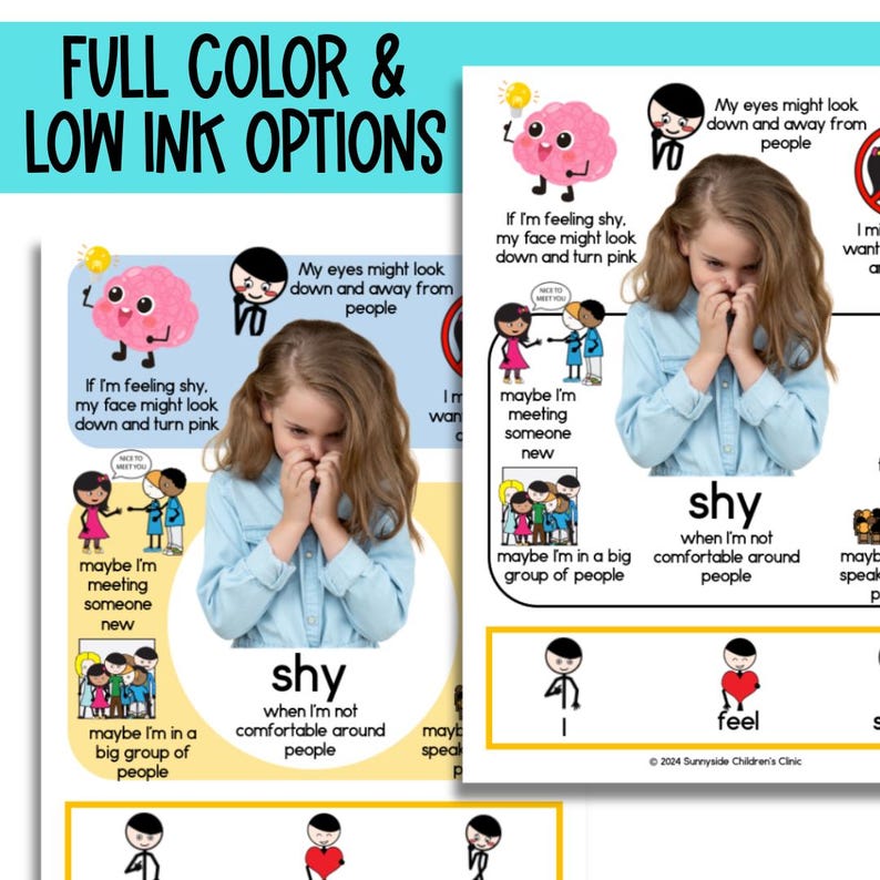 May include: Two colorful charts with illustrations and text describing the feeling of shyness. The charts include a pink brain with a smiling face, a girl with her hands covering her face, and stick figures illustrating different social situations. The text on the charts reads: "My eyes might look down and away from people", "If I'm feeling shy, my face might look down and turn pink", "maybe I'm meeting someone new", "maybe I'm in a big group of people", "shy when I'm not comfortable around people", "feel", "I", "speak".