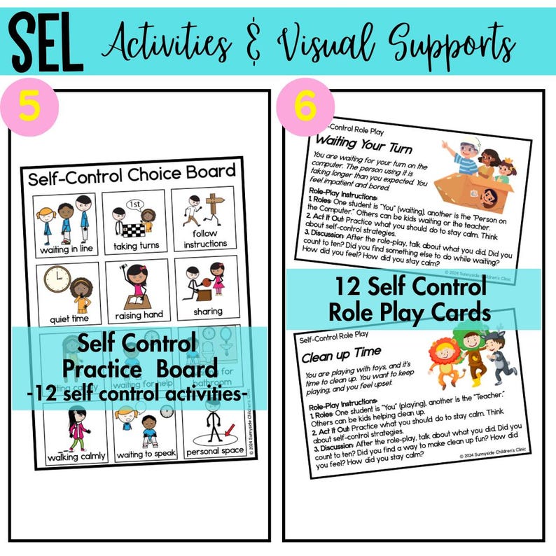 Pu&ograve; includere: Due poster educativi stampabili per insegnare le capacit&agrave; di autocontrollo ai bambini. Il primo poster &egrave; un pannello di scelta con 6 illustrazioni colorate di bambini impegnati in attivit&agrave; di autocontrollo, come fare la fila, fare a turno e seguire le istruzioni. Il secondo poster &egrave; una carta di gioco di ruolo con un'illustrazione di bambini che riordinano i giocattoli e il testo "Clean up Time".