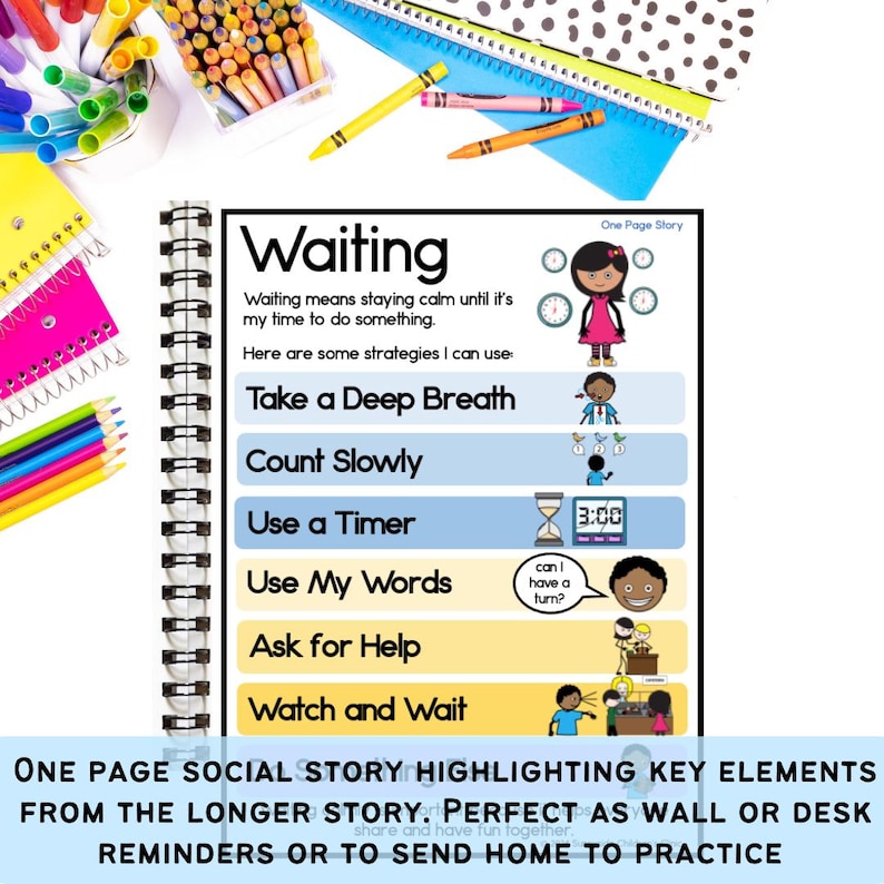 May include: A spiral-bound educational poster titled "Waiting" with strategies for staying calm. The poster features illustrations and text, including "Take a Deep Breath" and "Use a Timer." Colorful pens, pencils, and notebooks surround the poster.