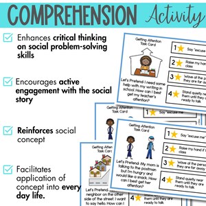 May include: A printable worksheet with a checklist of four benefits of social skills activities. The worksheet includes a visual of a child in a classroom setting and a child in a neighbourhood setting. The text on the worksheet reads "Enhances critical thinking on social problem-solving skills", "Encourages active engagement with the social story", "Reinforces social concept", and "Facilitates application of concept into every day life."
