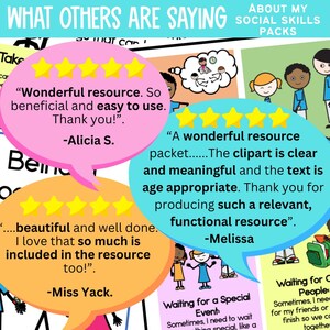 May include: A colorful graphic with text bubbles displaying positive reviews for social skills packs. The reviews are from Alicia S., Melissa, and Miss Yack. The image includes illustrations of children and the text "What Others Are Saying".