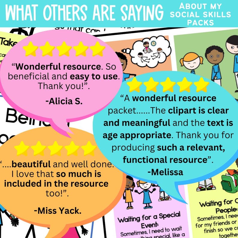 May include: A colorful graphic with text bubbles displaying positive reviews for social skills packs. The reviews are from Alicia S., Melissa, and Miss Yack. The image includes illustrations of children and the text "What Others Are Saying".