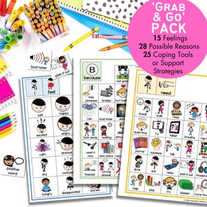 May include: A set of three printable cards with black and white illustrations. The cards are titled "Feel", "Because", and "Need". Each card has a grid of images representing feelings, reasons, and coping tools.