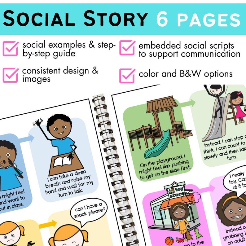 Pu&ograve; includere: Un libro di storie sociali con illustrazioni e testo colorati. Il libro presenta un bambino che fa un respiro profondo, un bambino in un parco giochi e un bambino in un negozio di giocattoli. Il testo del libro include frasi come "Posso fare un respiro profondo e alzare la mano e aspettare il mio turno per parlare." e "Al parco giochi, potrei avere voglia di spingere per salire sullo scivolo per primo."
