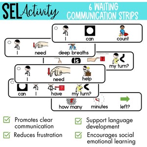May include: A visual aid titled "SEL Activity" with six communication strips. Each strip features simple illustrations and words like "can," "need," and "my turn?" promoting clear communication and social-emotional learning.