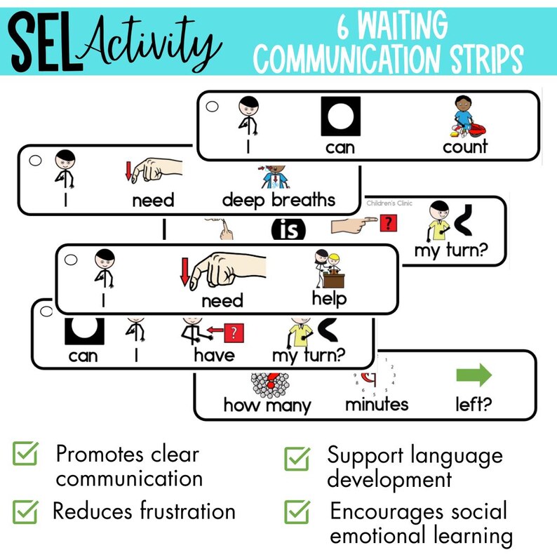 May include: A visual aid titled "SEL Activity" with six communication strips. Each strip features simple illustrations and words like "can," "need," and "my turn?" promoting clear communication and social-emotional learning.