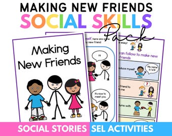 May include: A colorful educational pack titled "Making New Friends" with the words "Social Skills" in rainbow colors. The pack includes social stories and SEL activities. The cover features stick figures holding hands.