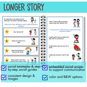 May include: A colourful printable resource for teaching social skills to children. The resource includes illustrations of children interacting in different social situations, along with text describing how to get someone's attention politely. The resource also includes a checklist of features, such as social examples, step-by-step social guides, consistent design, and colour and black and white options.