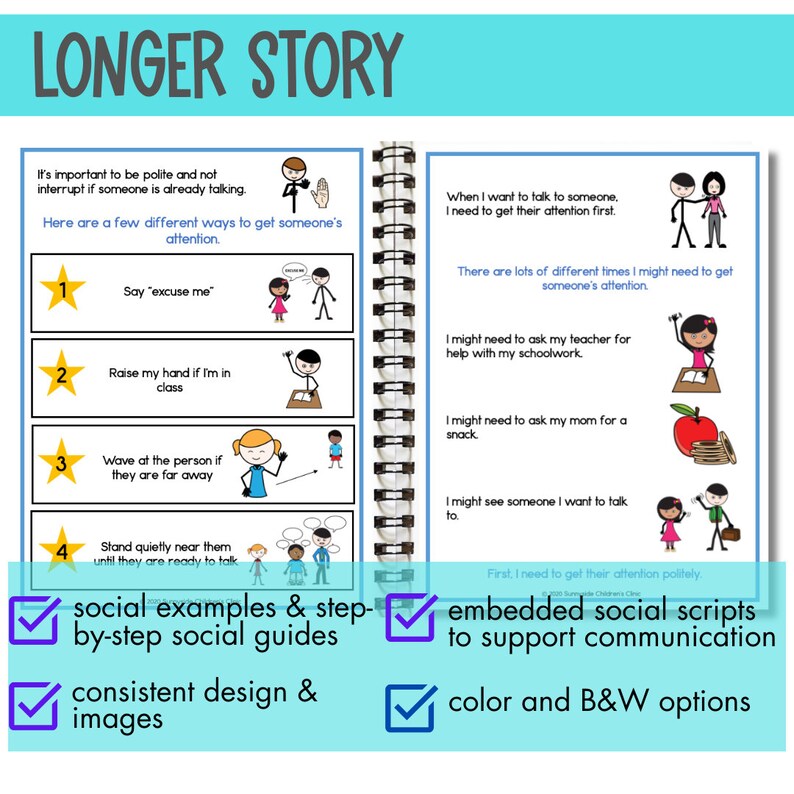 May include: A colourful printable resource for teaching social skills to children. The resource includes illustrations of children interacting in different social situations, along with text describing how to get someone's attention politely. The resource also includes a checklist of features, such as social examples, step-by-step social guides, consistent design, and colour and black and white options.