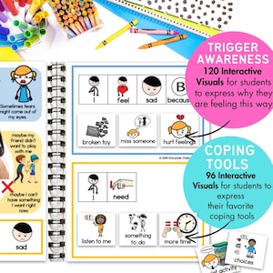 May include: Two colorful binders with visual aids for students to help them express their feelings and coping mechanisms. The binders are titled "Trigger Awareness" and "Coping Tools". The visuals include images of people, objects, and emotions.