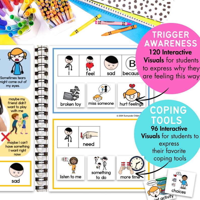 May include: Two colorful binders with visual aids for students to help them express their feelings and coping mechanisms. The binders are titled "Trigger Awareness" and "Coping Tools". The visuals include images of people, objects, and emotions.