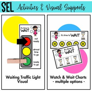 May include: Educational visual aids for social-emotional learning. The image features a waiting traffic light visual with red, yellow, and green lights, and watch & wait charts with multiple options. The text reads "It's time to WAIT".