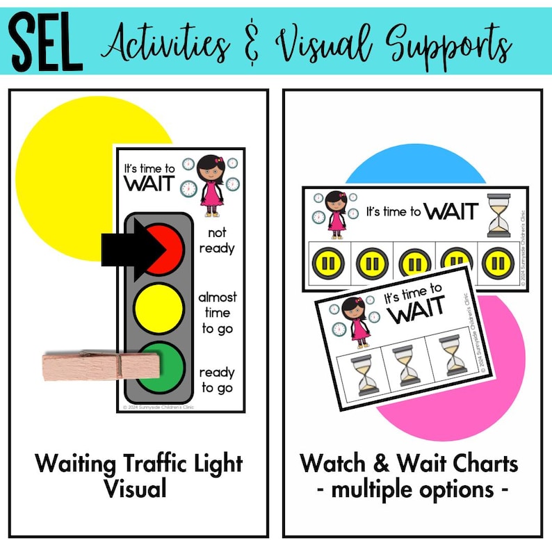 May include: Educational visual aids for social-emotional learning. The image features a waiting traffic light visual with red, yellow, and green lights, and watch & wait charts with multiple options. The text reads "It's time to WAIT".
