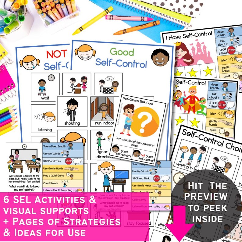 Pu&ograve; includere: Un set di risorse educative stampabili per insegnare l'autocontrollo ai bambini. I fogli di lavoro colorati presentano illustrazioni di cartoni animati di bambini impegnati in varie attivit&agrave;, come fare la fila, fare a turno e ascoltare le istruzioni. I fogli di lavoro includono anche frasi come "Fai un respiro profondo", "Usa le mie parole" e "Fermati e pensa".