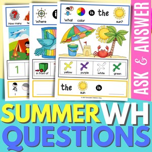 May include: Educational summer-themed flashcards with illustrations and questions. The cards feature images of a plane, tent, bird, beach scene, and sun. Text on the cards includes "How many", "Where", and "What color". The phrase "SUMMER WH QUESTIONS" is also visible.