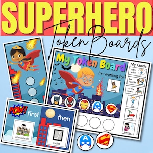Tabellone dei gettoni dei supereroi / Tabella delle ricompense per bambini / Programma &quot;Prima poi quello visivo&quot; / Supporto comportamentale / Educazione speciale / Strumento per l&#39;autismo in classe