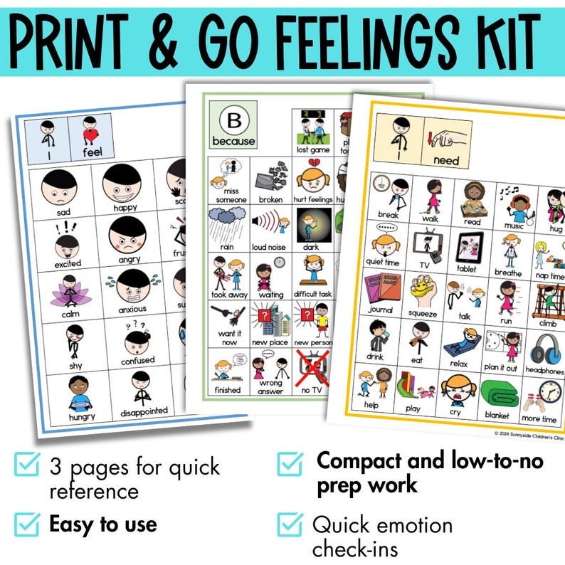 May include: Three printable pages with black and white illustrations of stick figures and icons. The pages are titled "Print & Go Feelings Kit" and include a variety of emotions, needs, and reasons for feeling a certain way. The pages are designed for quick reference and easy to use.