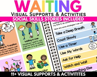 May include: A spiral-bound educational resource with the title "WAITING" in colorful letters. It includes visual supports and social skills stories. The pages feature illustrations and text about waiting in line, transitions, and other social situations.