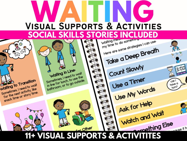 May include: A spiral-bound educational resource with the title "WAITING" in colorful letters. It includes visual supports and social skills stories. The pages feature illustrations and text about waiting in line, transitions, and other social situations.