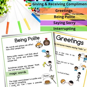 May include: Two colorful posters with illustrations and text about social skills for children. The posters are titled "Being Polite" and "Greetings". The "Being Polite" poster has a cartoon illustration of a girl smiling and a girl frowning. The "Greetings" poster has a cartoon illustration of two people shaking hands.