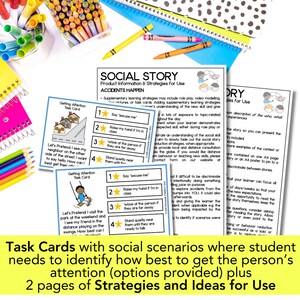 May include: Task cards with social scenarios to help students learn how to get someone's attention. The cards feature illustrations and text with four options for getting attention. The text on the cards includes "Say 'excuse me'," "Raise my hand if I'm in class," "Wave at the person if they are far away," and "Stand quietly near them until they are ready to talk."