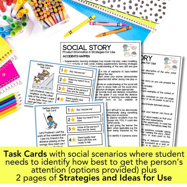 May include: Task cards with social scenarios to help students learn how to get someone's attention. The cards feature illustrations and text with four options for getting attention. The text on the cards includes "Say 'excuse me'," "Raise my hand if I'm in class," "Wave at the person if they are far away," and "Stand quietly near them until they are ready to talk."