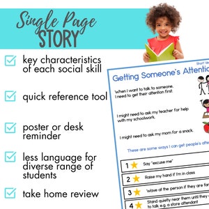 May include: A colourful chart with a cartoon girl holding a book. The chart is titled "Getting Someone's Attention" and lists four ways to get someone's attention, including saying "excuse me", raising your hand, waving, and standing quietly near them.