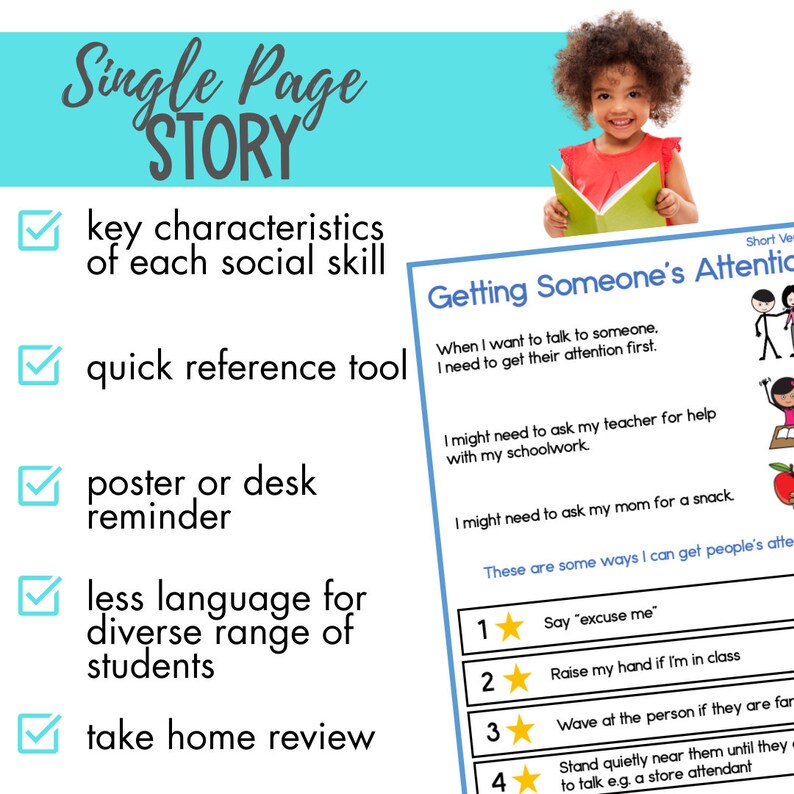 May include: A colourful chart with a cartoon girl holding a book. The chart is titled "Getting Someone's Attention" and lists four ways to get someone's attention, including saying "excuse me", raising your hand, waving, and standing quietly near them.